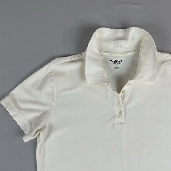 Carhartt For Women Short Sleeve Polo Shirt Size Large Ivory Cotton Golf Preppy - Picture 6 of 16